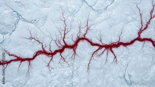 Obraz Aerial view of dynamic ice cracks resembling blood vessels in the arctic region
