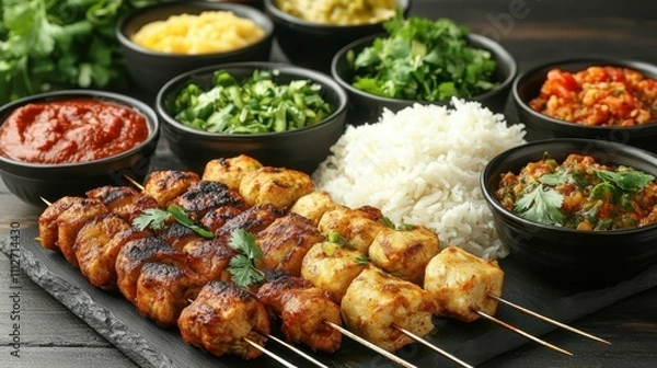 Obraz Chicken Skewers. Grilled chicken kebabs with herbs and rice on slate b