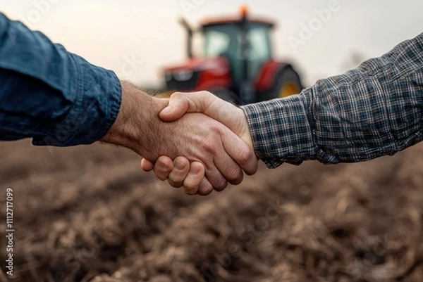 Fototapeta In a field, two farmers engage in a handshake, with a tractor in the background, representing the spirit of agricultural teamwork and productive collaboration in farming.
