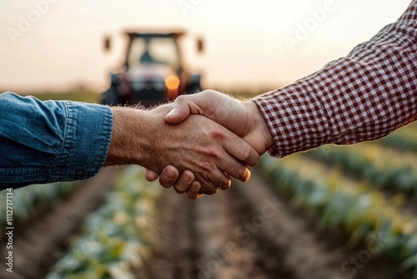 Fototapeta Two farmers greet each other with a handshake, standing in a lush green field, with a tractor visible in the background, symbolizing cooperation and agriculture partnership.