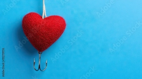 Obraz Unique red felt heart on a fishing hook against a vibrant blue background for Valentine's Day inspiration and creativity