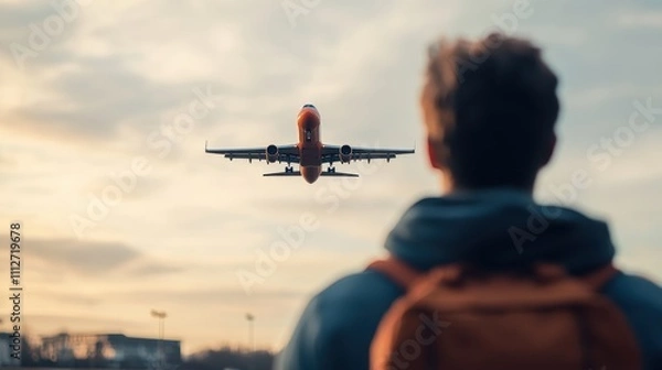 Fototapeta Against a sunset backdrop, a person with a backpack observes an airplane, capturing the essence of travel and contemplation in a scenic and serene setting.