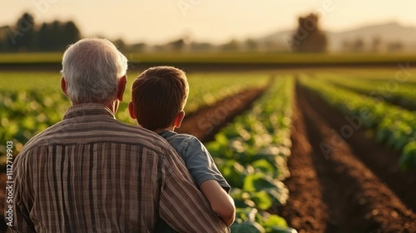 Fototapeta An elderly man and a young boy share a warm embrace as they stand at the edge of a sprawling farmland, surrounded by lush green crops under a golden sunset sky.