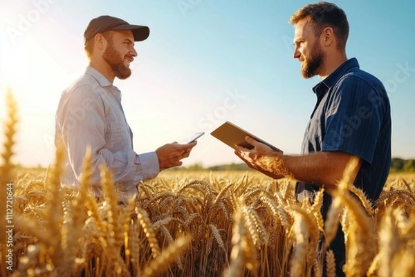 Fototapeta Two farmers stand in a golden wheat field, discussing agricultural data using digital technology, capturing innovation in farming practices and rural settings.