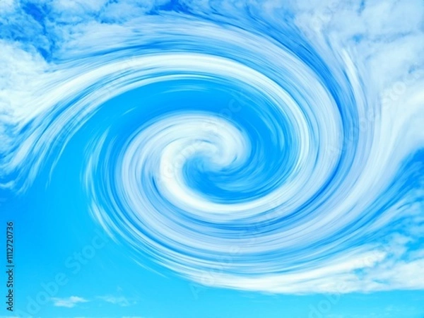 Fototapeta Blue and white abstract sky background with white clouds and effect of vortex - graphics. Topics: weather, computer art, tornado, whirlwind, meteorology, climate change, abstraction, wallpaper