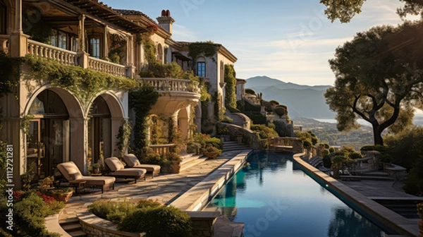 Fototapeta Captivating Italy: 3D Render of Vintage Pool Villa Architecture and Outdoor Spaces Design