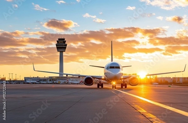 Fototapeta An airliner gracefully taxis on the airport runway with the sunset painting the sky, blending technology and the serene beauty of nature at day’s end.