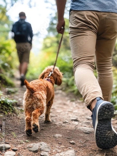 Fototapeta A person walks with a dog on a forest trail, showcasing companionship and the beauty of nature. The path is rocky and surrounded by lush greenery and trees.
