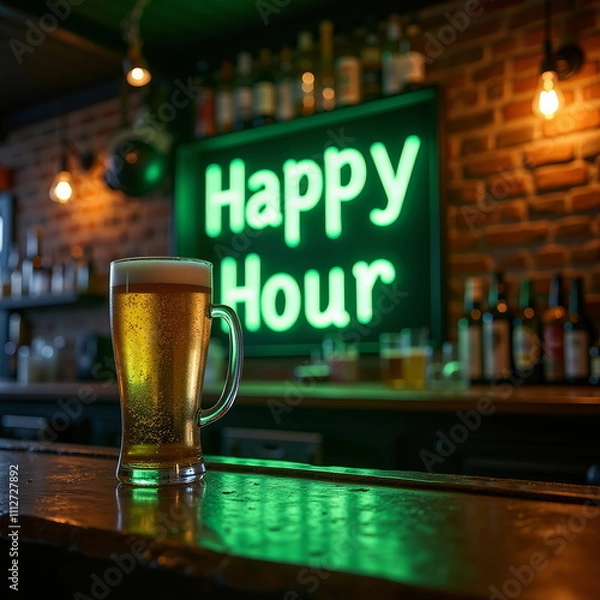 Fototapeta Beer mug on bar counter with happy hour neon sign