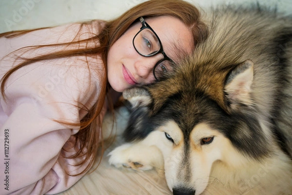 Fototapeta A girl with a husky in a snowy winter setting