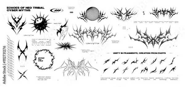 Fototapeta Neo-tribal shapes, Gothic patterns in a modern design, cybersigilism set. Gothic neo tribal tattoo, vector patterns for streetwear, clothing, t-shirt, typography. Vector graphic collection