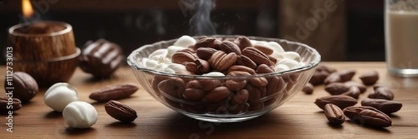 Fototapeta Cocoa pods and cocoa beans arranged in a decorative glass bowl, filled with steaming hot milk, placed on a wooden table , ambiance, glass bowl