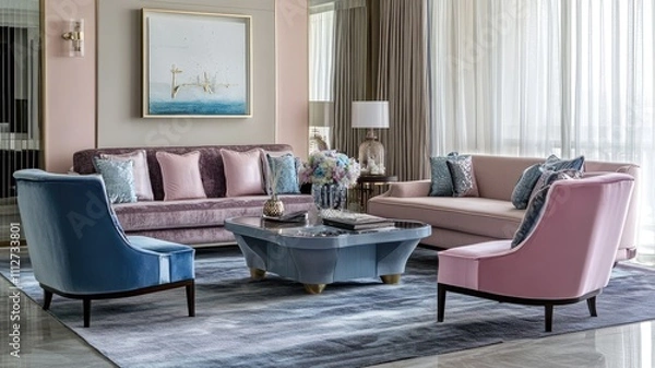 Fototapeta Modern living room with pastel furniture, abstract art, and elegant decor