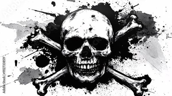 Fototapeta Eye-catching grunge skull and crossbones design featuring dynamic paint splashes, perfect for artwork, apparel, and projects targeting a dark and edgy audience.