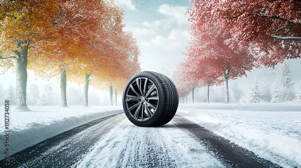 Obraz All-season tire on a snowy road with trees showing the transitions of all four seasons