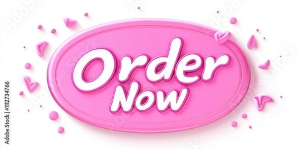 Fototapeta Text "Order Now", retro pink oval button, clipart on white background, in the style of Valentine's Day design elements, flat vector illustration, pastel color palette.