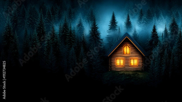 Fototapeta A cozy cabin illuminated in the dark forest, surrounded by misty trees, creating a serene and mysterious atmosphere.