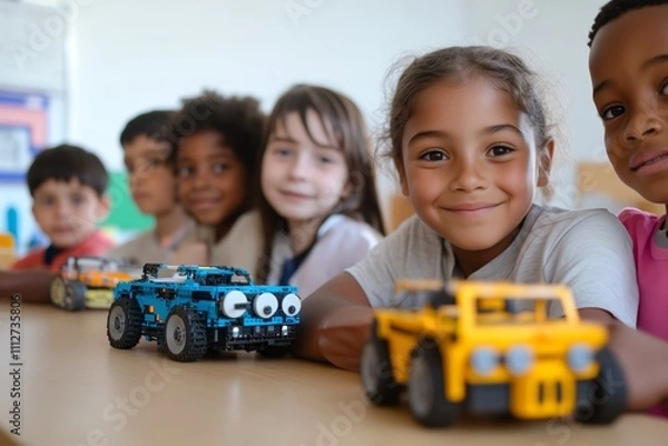 Obraz School children from diverse backgrounds collaboratively building robotic cars and learning coding at a STEM class