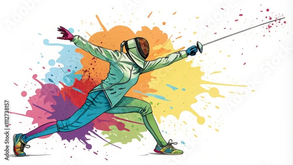 Fototapeta A fencer lunges with a sword, surrounded by splashes of vibrant color in the background. The dynamic pose and colorful attire create a sense of motion and excitement.AI generated.