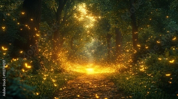 Fototapeta Magical forest path glowing with fireflies at sunset.