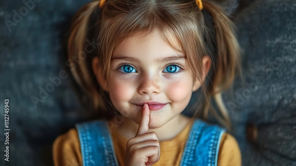 Obraz Child with blue eyes making a shushing gesture while wearing a denim outfit and smiling on a rustic background. Generative AI