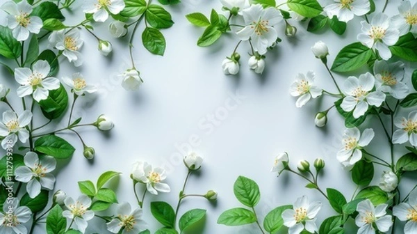 Fototapeta A white flower with green leaves surrounds a white background
