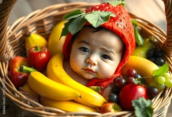 Obraz Adorable baby sitting in a realistic noodle bowl with playful props, captured in ultra-HD with vibrant colors and soft, warm lighting.