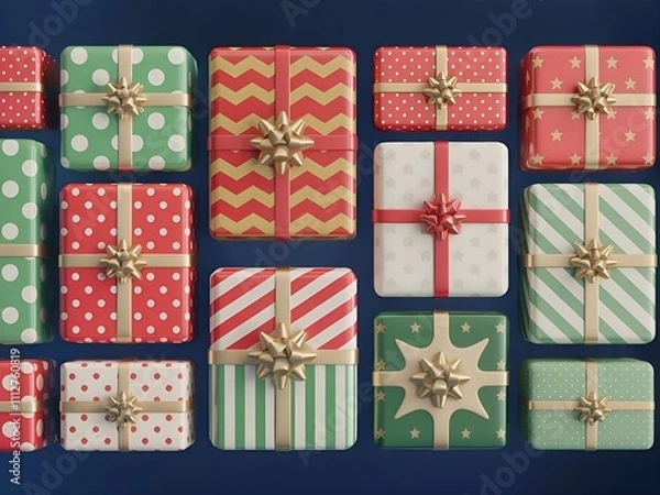 Fototapeta A flatlay of the set of gift boxes with bows. Colorful gifts with patterned giftwrap top view. Festive holiday background.