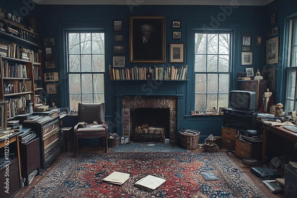 Obraz A dimly lit study with antique furniture and books