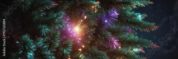 Fototapeta Iridescent rainbow-colored tinsel wrapping around a small spruce tree, chromatic decoration, multicolored garland