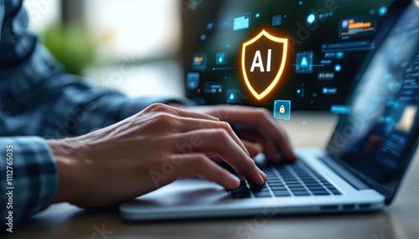 Obraz A man hands typing on a laptop keyboard, with a security shield icon in text AI and displayed on the screen