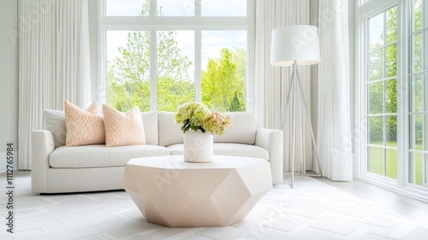 Fototapeta A contemporary living room with a large sectional sofa upholstered in a neutral fabric, a geometric coffee table, and a statement floor lamp, creating a comfortable and stylish space for relaxation.