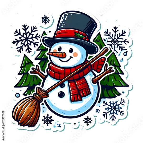 Fototapeta Snowman with Christmas trees in a winter holiday scene featuring festive decorations and a cheerful atmosphere, clipart png, isolated on white background