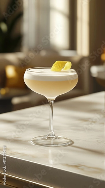 Obraz A photo of a White Lady cocktail with a lemon twist on a modern stone bar table and background in a high class city lounge. Vertical layout.