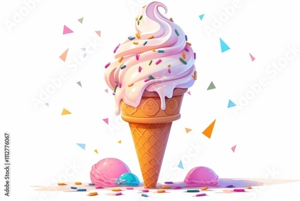 Fototapeta A colorful ice cream cone with sprinkles and scoops, set against a bright background.