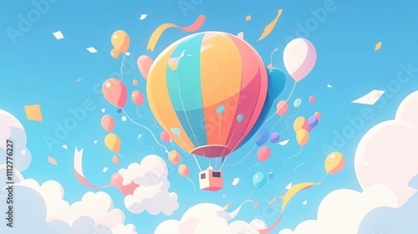 Fototapeta A colorful hot air balloon surrounded by festive balloons and clouds.