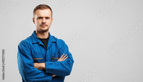 Obraz portrait of a mechanic man standing and folded hands isolated on white background