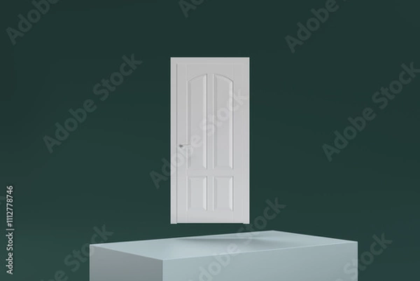 Fototapeta A white door is floating in the air above a green background