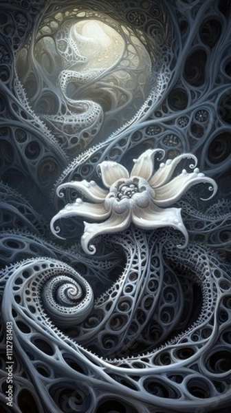 Fototapeta Intricate white flower amidst swirling fractal patterns in a dreamlike setting, AI