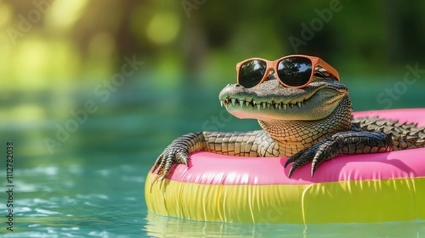 Obraz A cool alligator wearing sunglasses while floating on an inflatable ring in a pool.