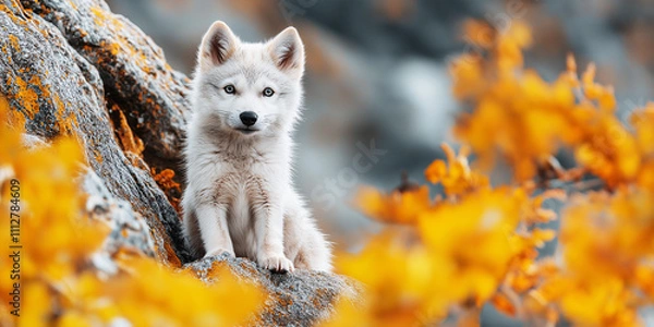 Fototapeta Norwegian Lundehund puppy sits among rocks against a backdrop of bright autumn leaves