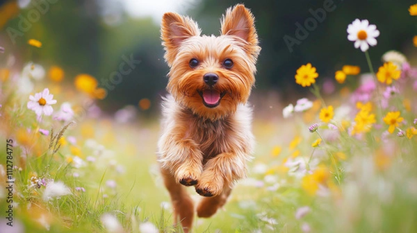 Fototapeta Yorkshire terrier running through a field of wildflowers