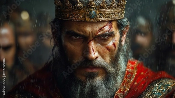Fototapeta david king of israel portrait of a king with a crown and a sword in the rain