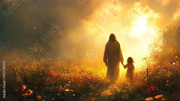 Fototapeta digital painting of jesus walking with a little girl towards light rear view