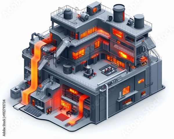 Fototapeta Isometric illustration of a metal smelting factory with glowing molten metal flowing through the building.