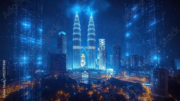 Fototapeta holographic information flow with a nighttime panorama of kuala lumpur s cityscape the biggest technology hub in malaysia asia is kl the notion of scientific programming double exposur