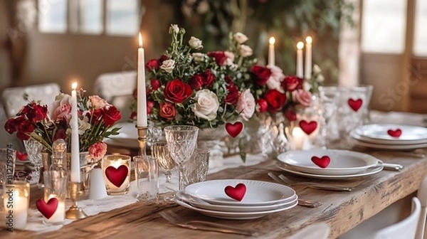 Fototapeta A table is set with a beautiful floral arrangement and a heart-shaped candle