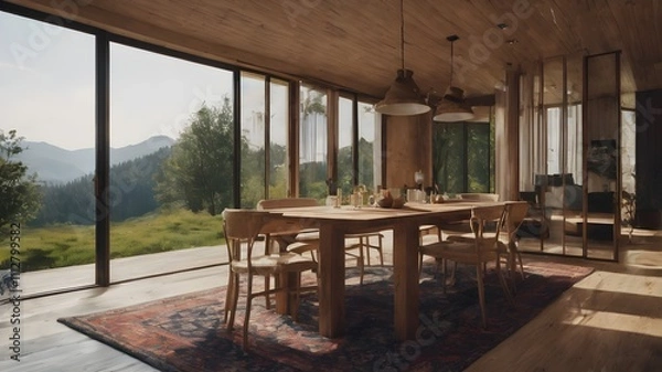 Fototapeta view from the window from modern dining room 