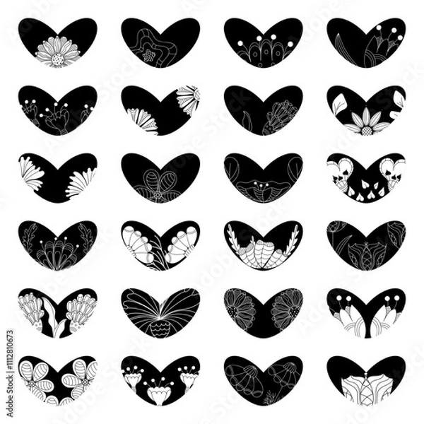 Obraz Set of twenty-four black coloured hearts with white floral elements in a flat style. Design element.