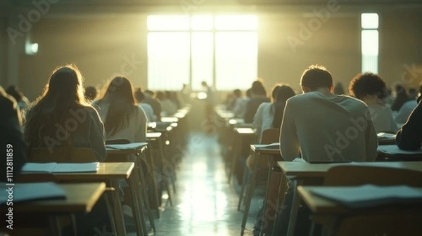 Fototapeta Students concentrating in an exam hall  a professional setting of focused final assessments